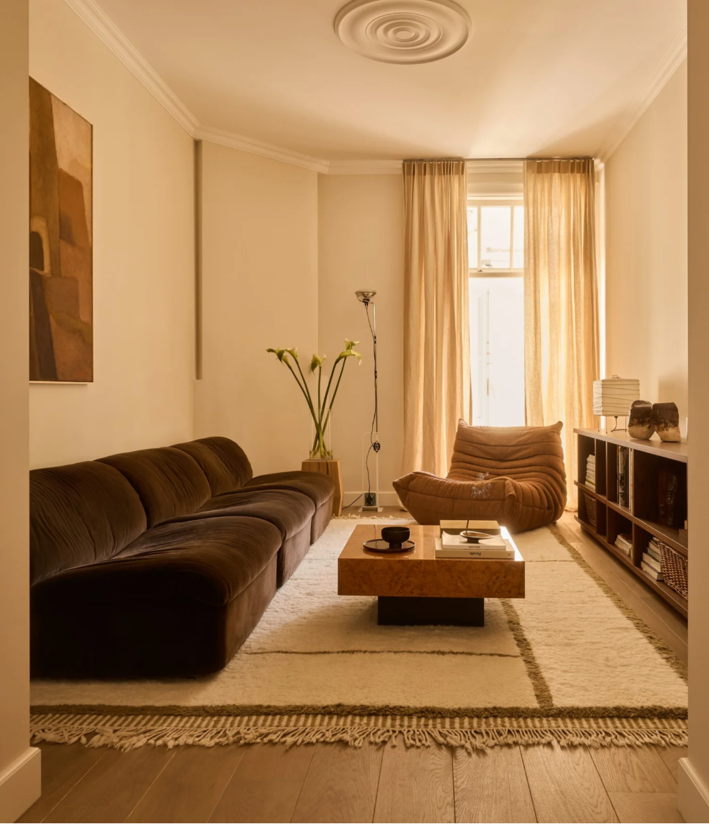 Modern living room with brown sofa, coffee table, and armchair.